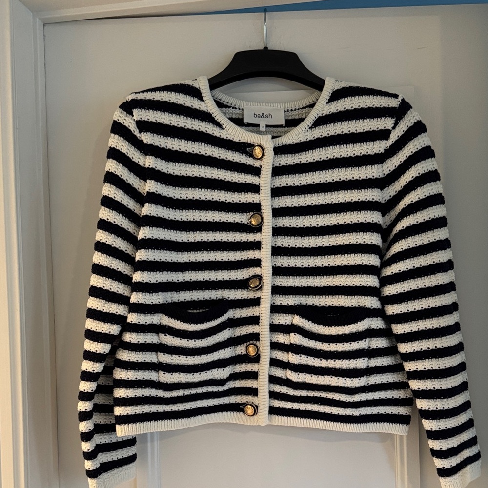 ba&sh Navy and Cream Striped Knit Lady Cardigan